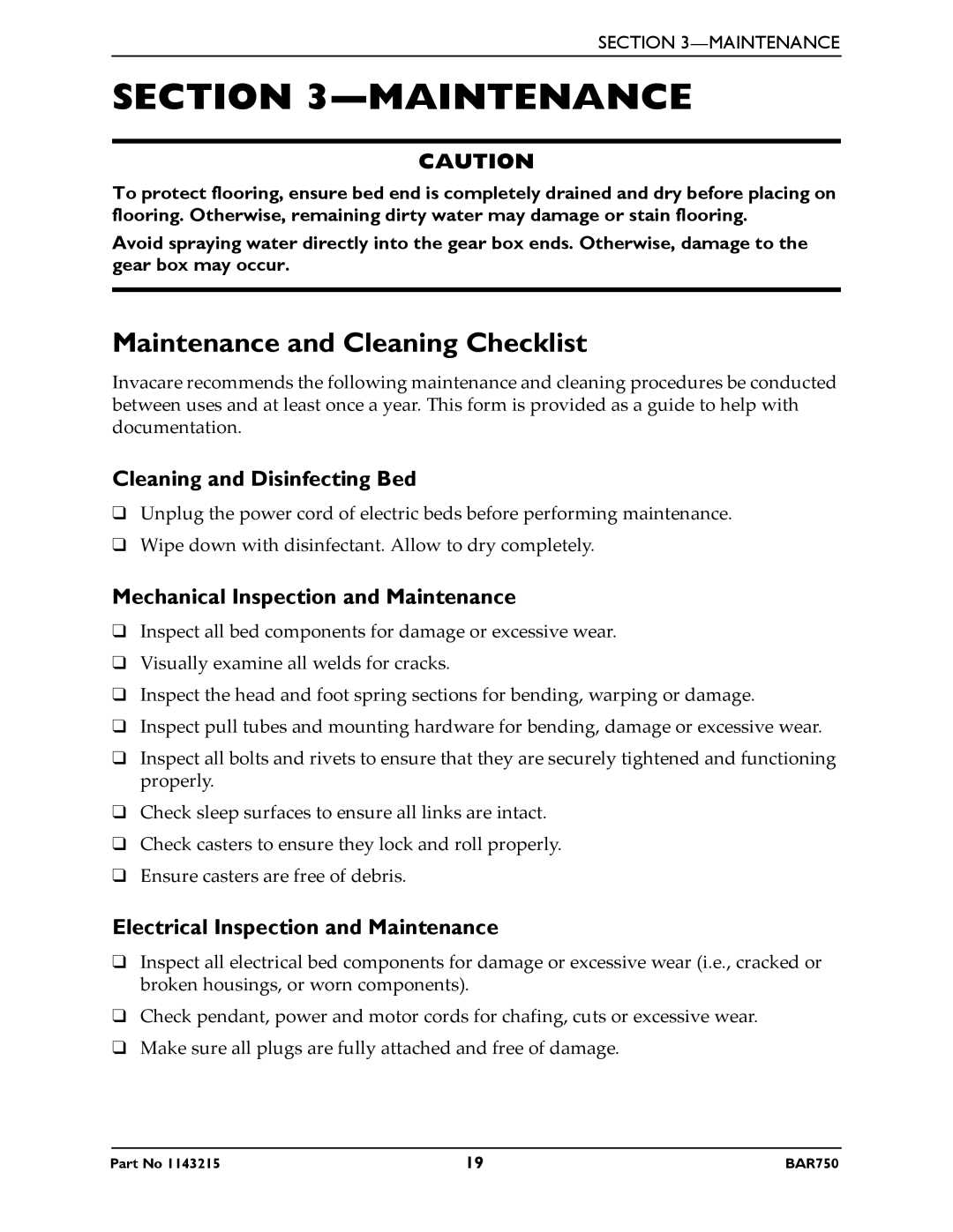 Invacare BAR750 manual Maintenance and Cleaning Checklist, Cleaning and Disinfecting Bed 