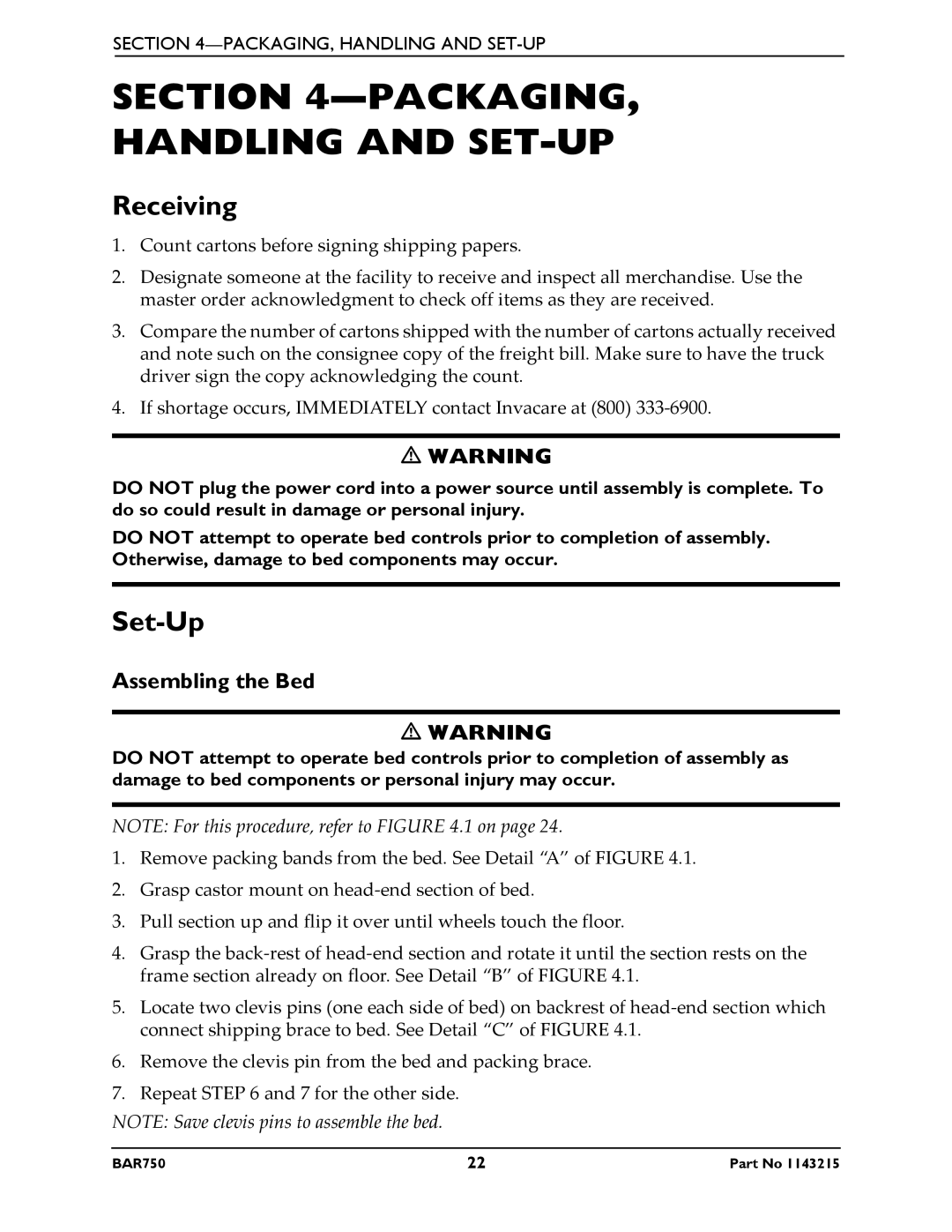 Invacare BAR750 manual Packaging Handling and SET-UP, Receiving, Set-Up, Assembling the Bed 