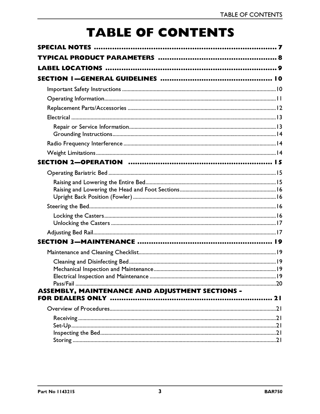 Invacare BAR750 manual Table of Contents 