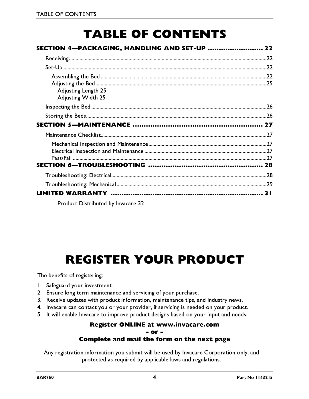 Invacare BAR750 manual Register Your Product, Complete and mail the form on the next 