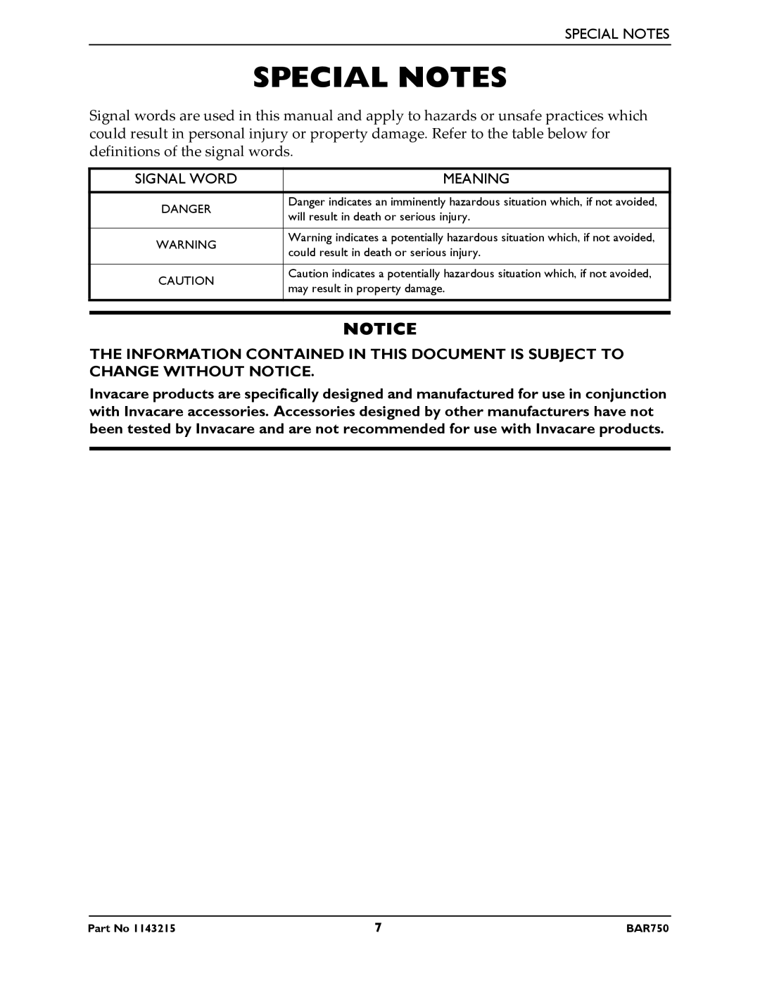 Invacare BAR750 manual Special Notes, Meaning 