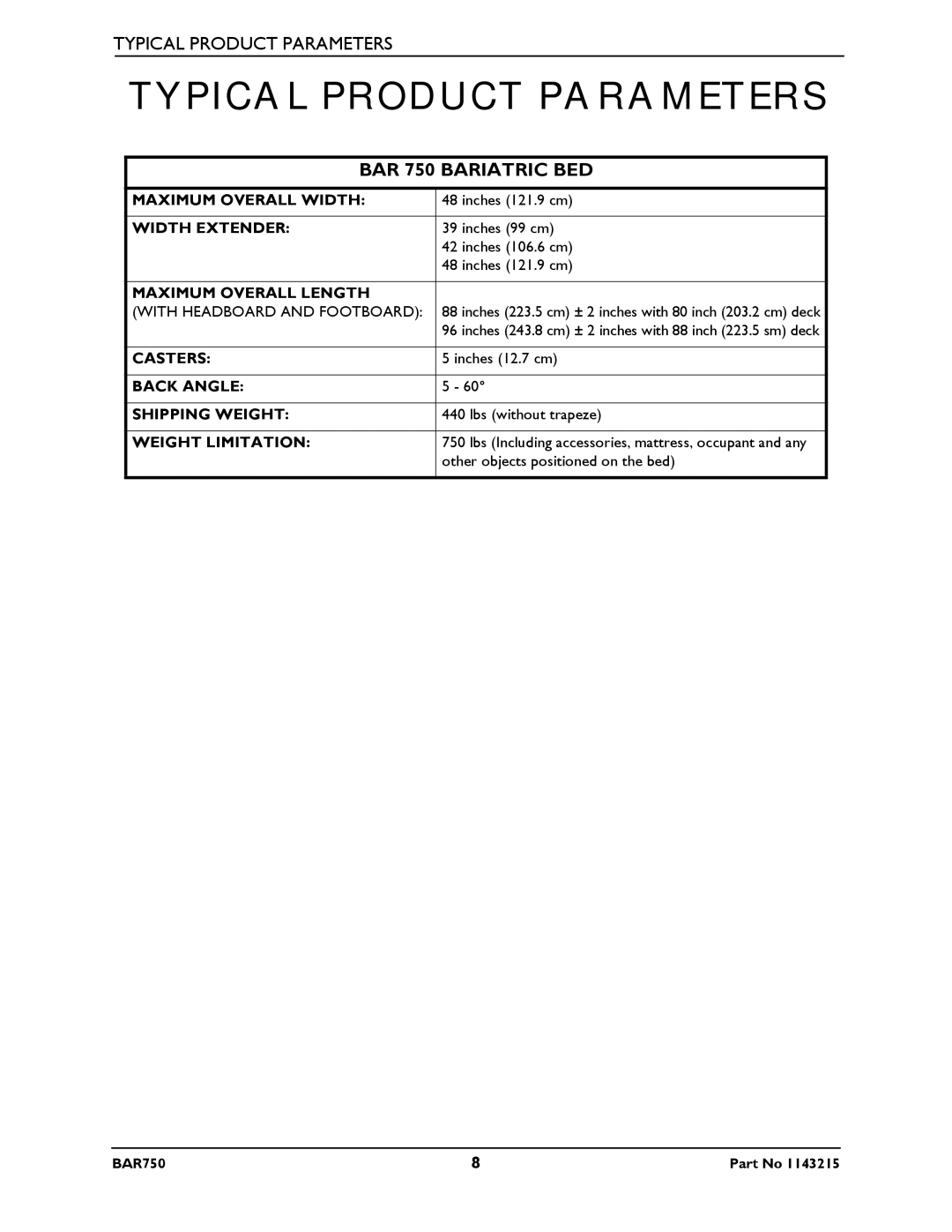 Invacare BAR750 manual Typical Product Parameters, BAR 750 Bariatric BED 