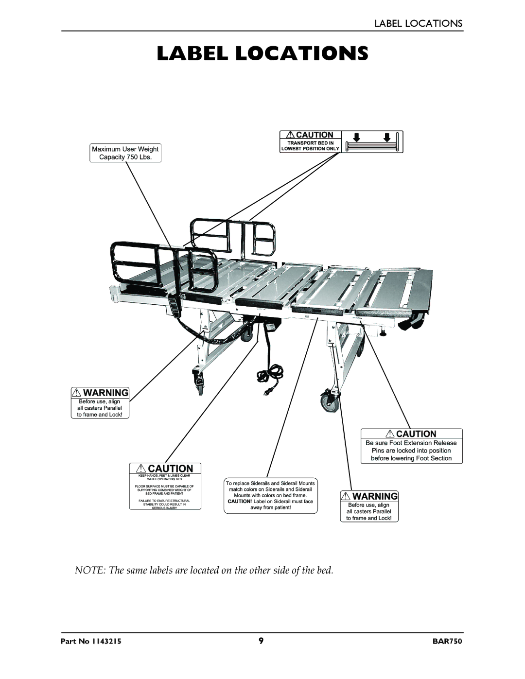 Invacare BAR750 manual Label Locations 