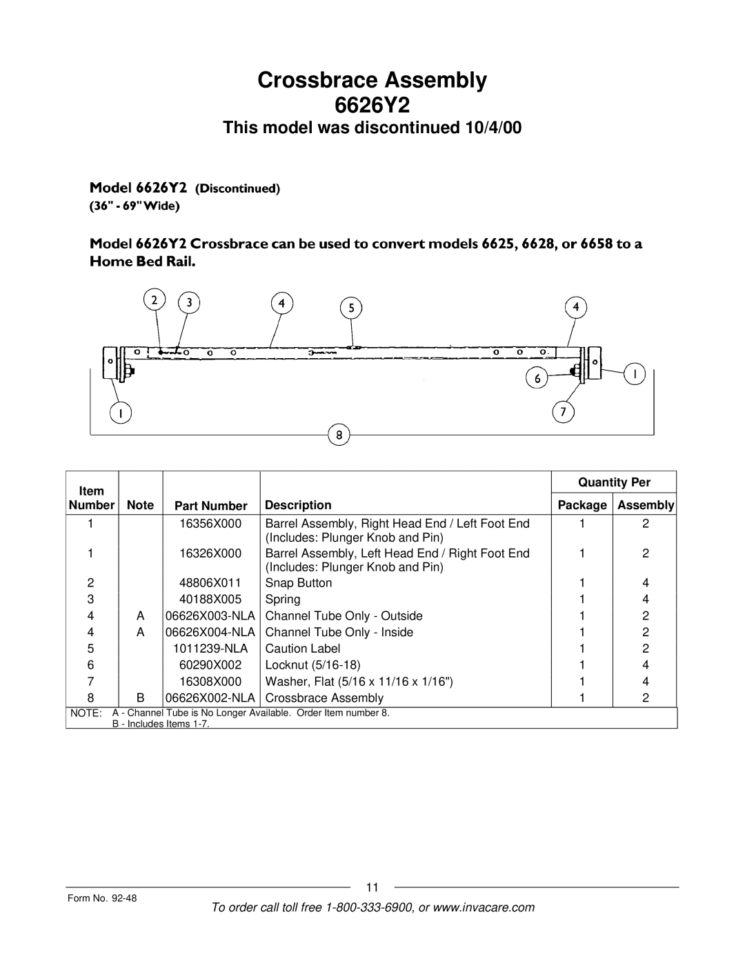 Invacare Bed Rails manual Crossbrace Assembly 6626Y2, This model was dis 10/4/00 