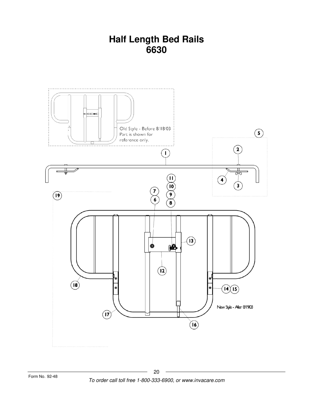 Invacare manual Half Length Bed Rails 6630 