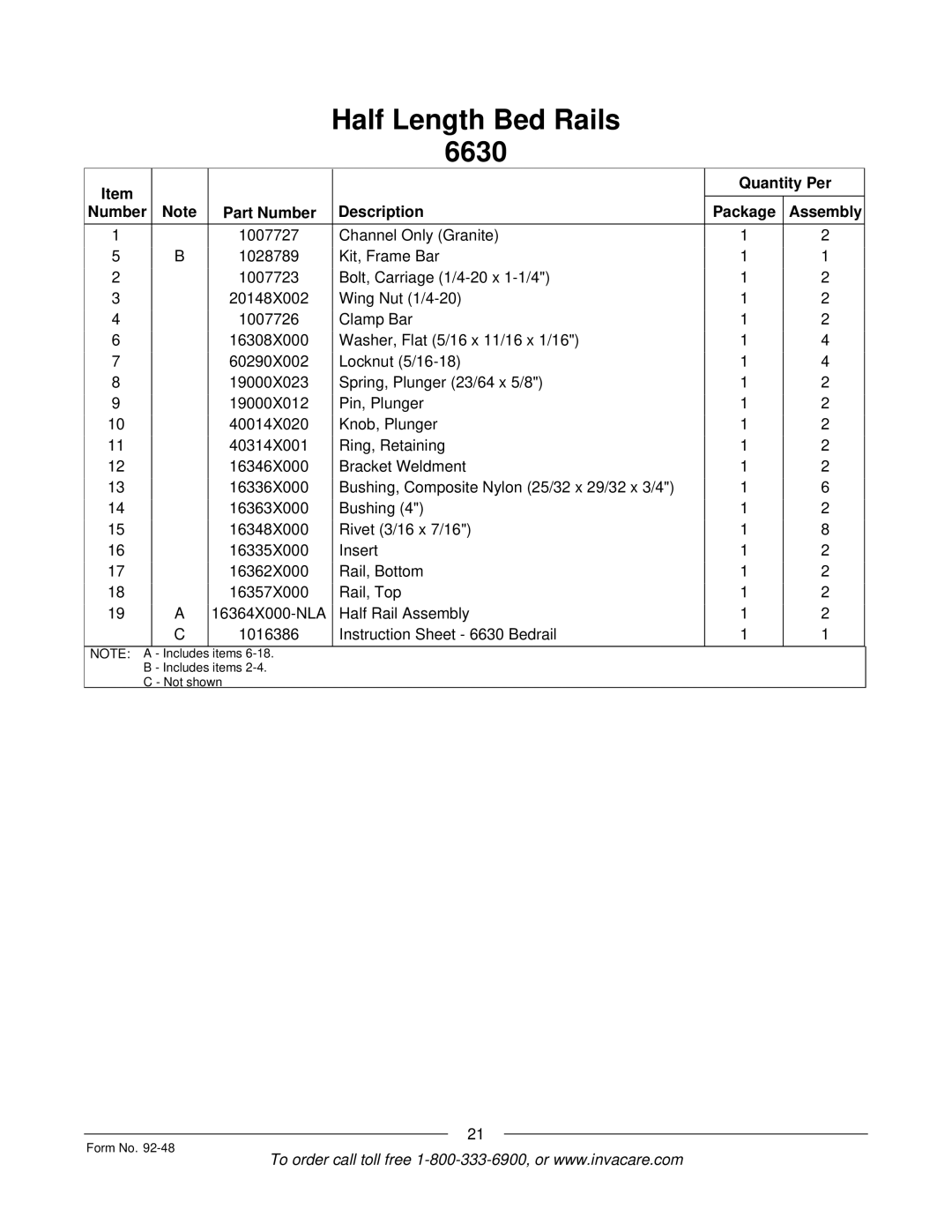 Invacare Bed Rails manual Items Includes items Not shown Form No 