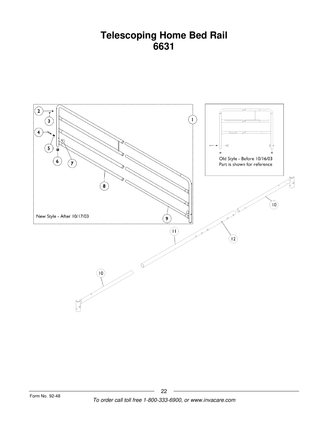 Invacare Bed Rails manual Telescoping Home Bed Rail 6631 