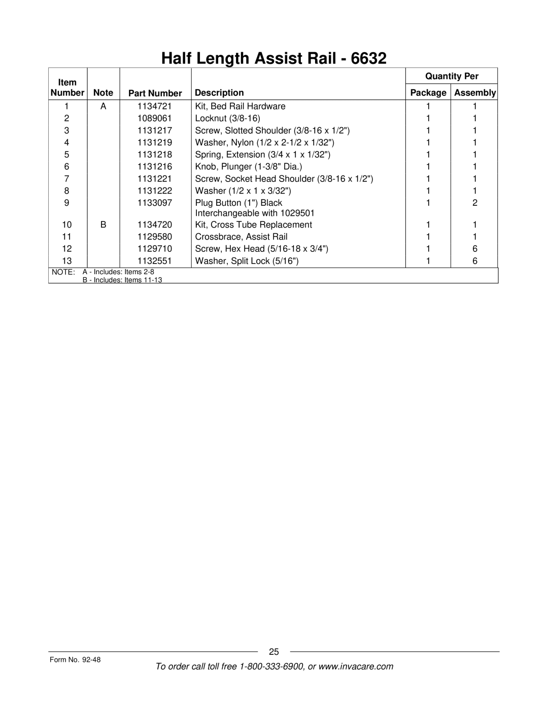 Invacare Bed Rails manual Items Includes Items Form No 