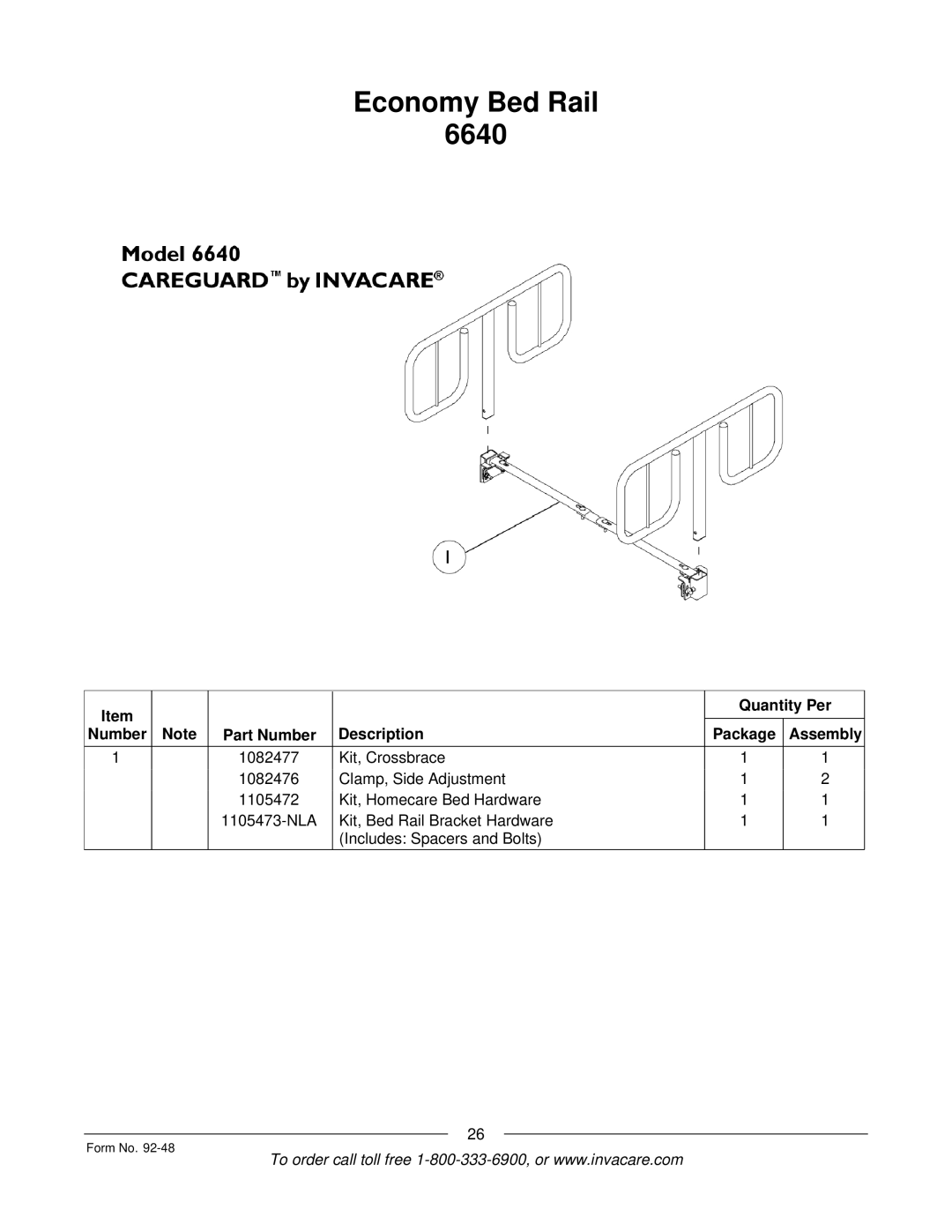 Invacare Bed Rails manual Economy Bed Rail 6640 