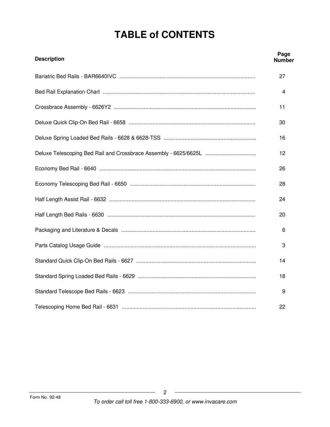 Invacare Bed Rails manual Table of Contents 