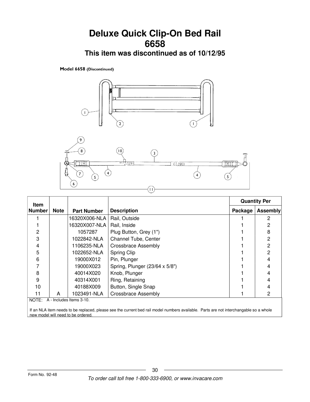 Invacare Bed Rails manual Deluxe Quick Clip-On Bed Rail 6658, This item was dis as of 10/12/95 