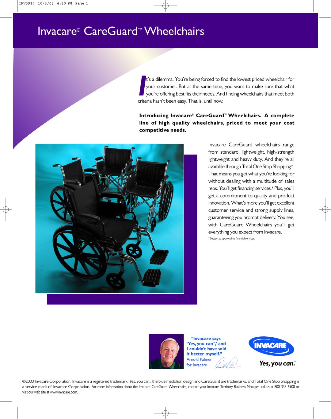 Invacare manual Invacare CareGuard Wheelchairs, INV3917 10/3/03 430 PM Page, Arnold Palmer for Invacare 