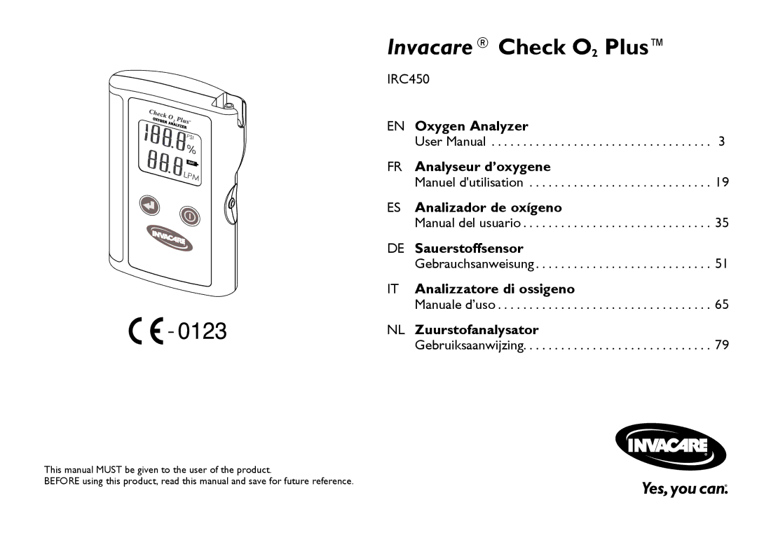 Invacare CE0123 user manual Manuel dutilisation, Manual del usuario, Gebrauchsanweisung, Manuale d’uso, Gebruiksaanwijzing 