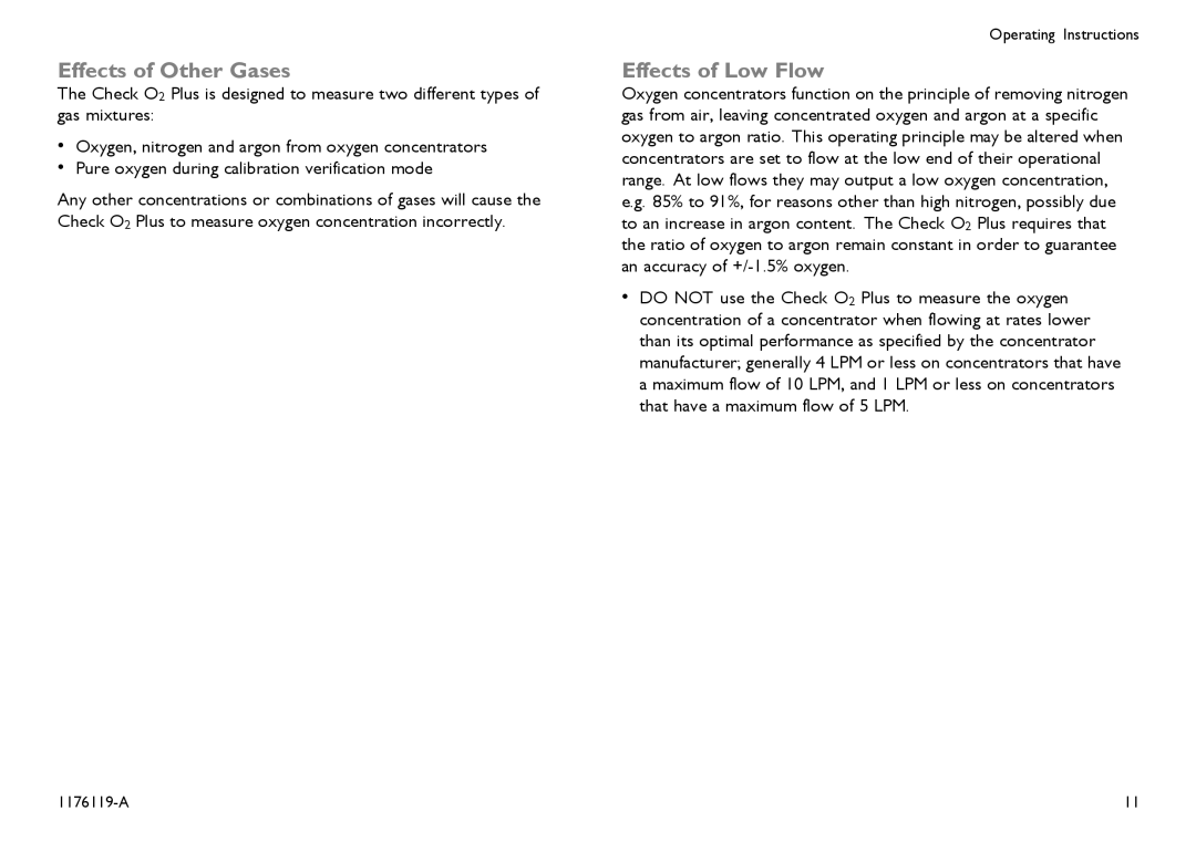 Invacare CE0123 user manual Effects of Other Gases, Effects of Low Flow 