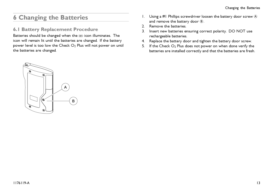 Invacare CE0123 user manual Changing the Batteries, Battery Replacement Procedure 