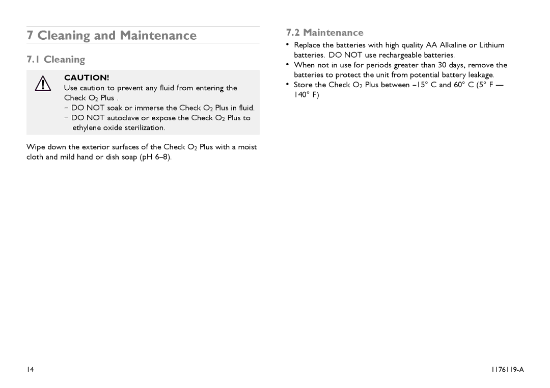 Invacare CE0123 user manual Cleaning and Maintenance, Store the Check O2 Plus between -15 C and 60 C 5 F 140 F 