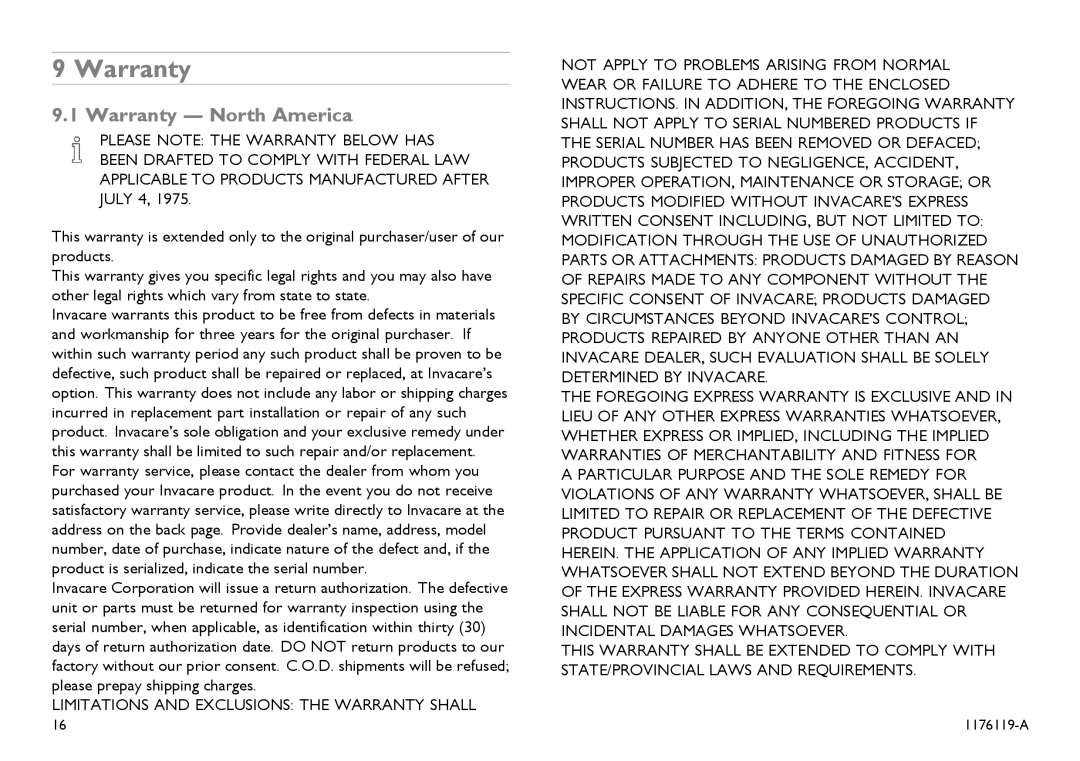 Invacare CE0123 user manual Warranty North America 