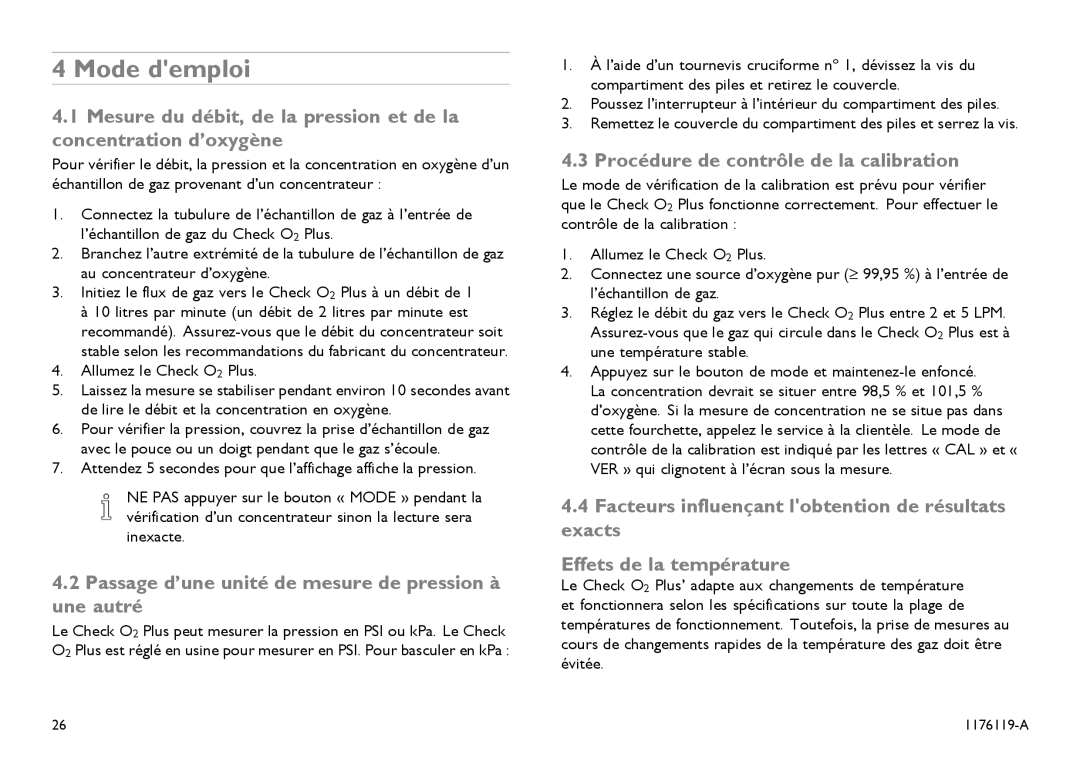 Invacare CE0123 user manual Mode demploi, Passage d’une unité de mesure de pression à une autré, Allumez le Check O2 Plus 