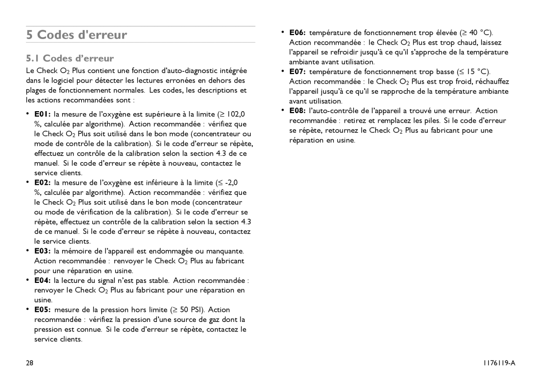 Invacare CE0123 user manual Codes derreur, Codes d’erreur 