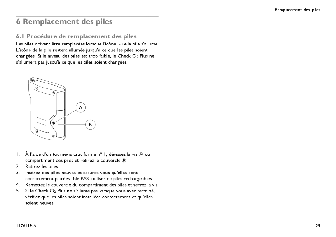 Invacare CE0123 user manual Remplacement des piles, Procédure de remplacement des piles 