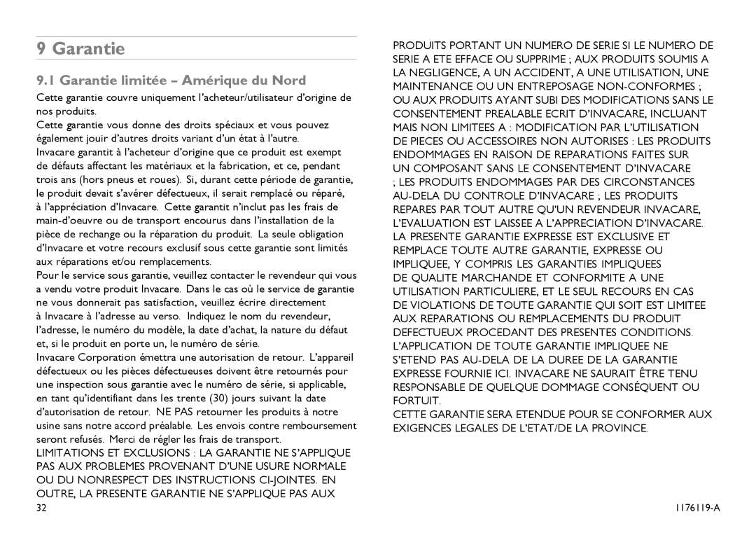 Invacare CE0123 user manual Garantie limitée Amérique du Nord 