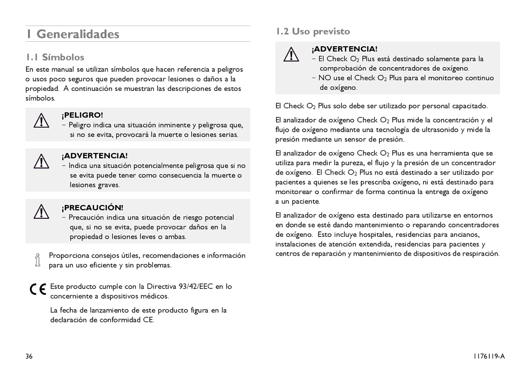 Invacare CE0123 user manual Generalidades, Símbolos, Uso previsto 