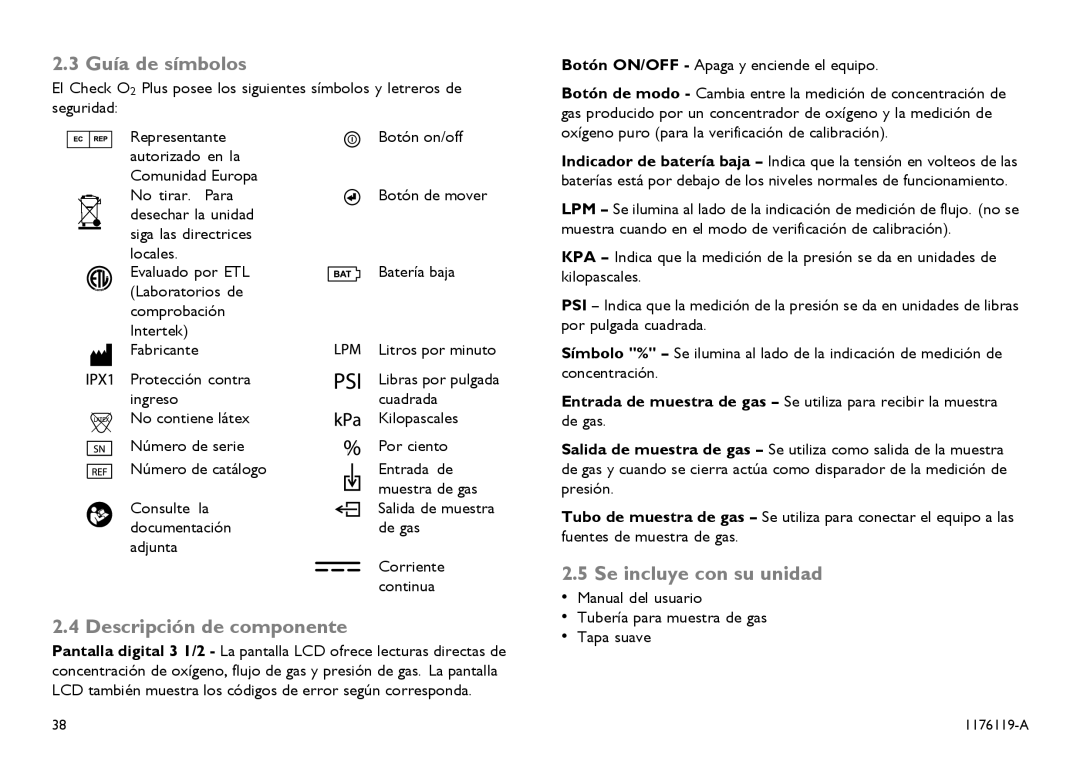 Invacare CE0123 user manual Guía de símbolos, Se incluye con su unidad, Descripción de componente 