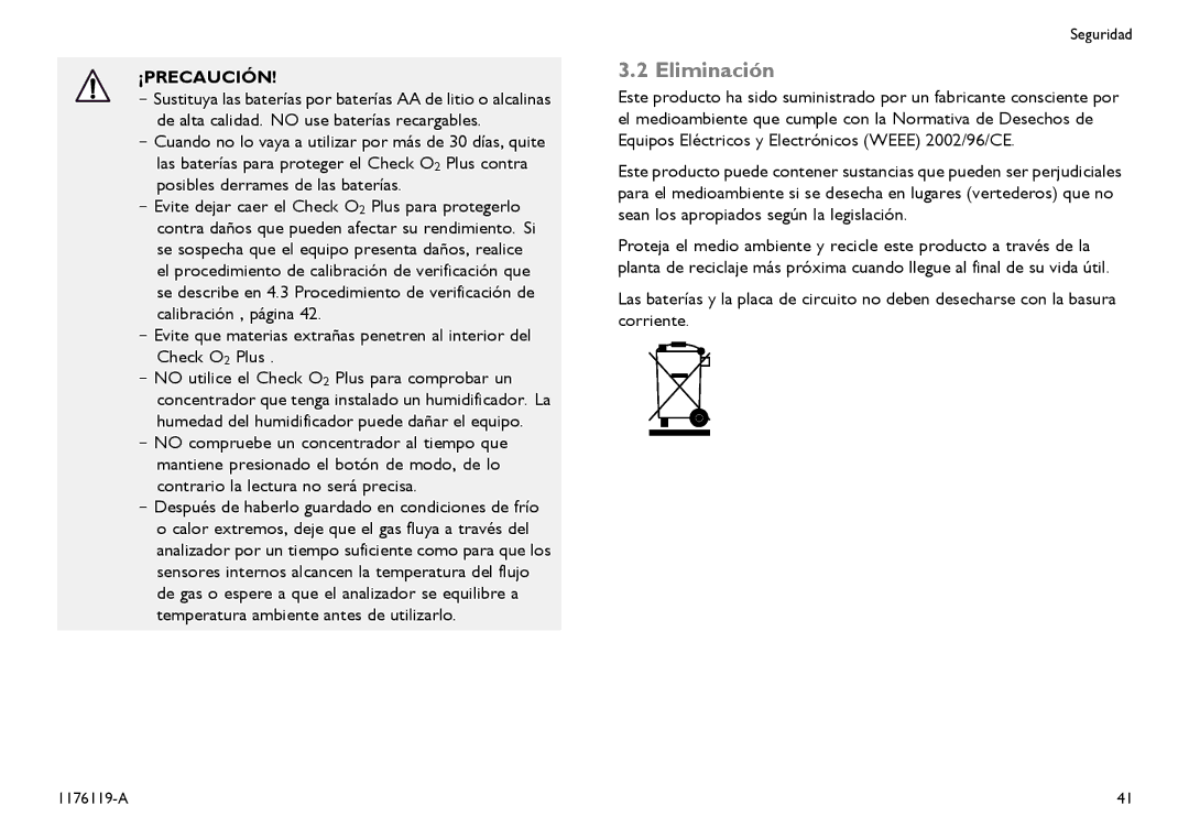 Invacare CE0123 user manual Eliminación, ¡Precaución 