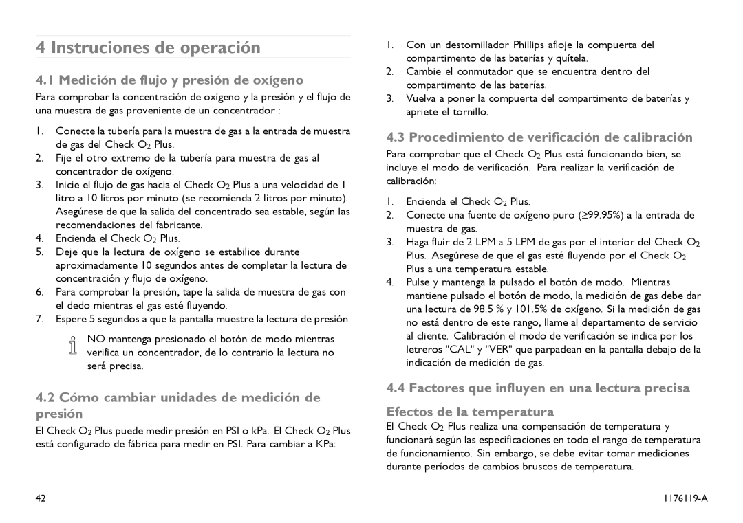 Invacare CE0123 user manual Instruciones de operación, Medición de flujo y presión de oxígeno 