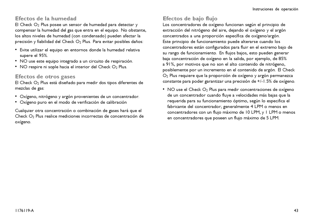 Invacare CE0123 user manual Efectos de la humedad, Efectos de otros gases, Efectos de bajo flujo 