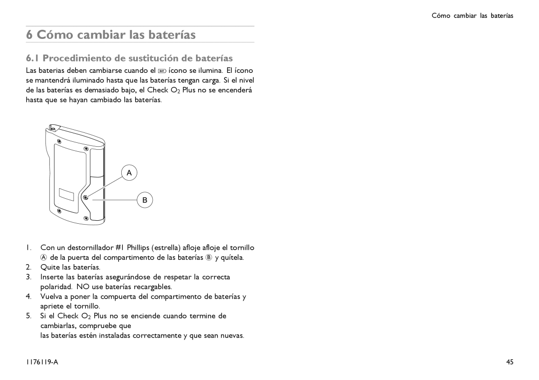 Invacare CE0123 user manual Cómo cambiar las baterías, Procedimiento de sustitución de baterías 