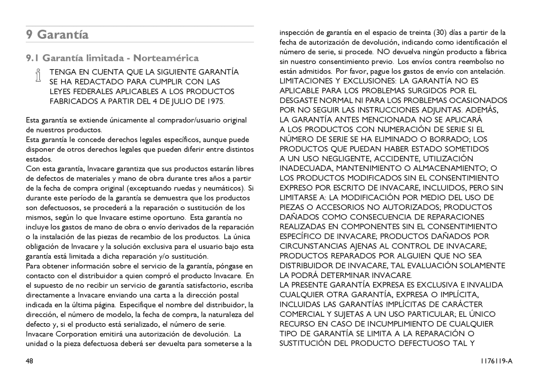 Invacare CE0123 user manual Garantía limitada Norteamérica 