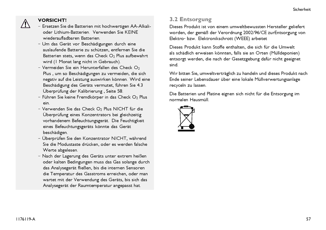 Invacare CE0123 user manual Entsorgung, Vermeiden Sie ein Herunterfallen des Check O2 