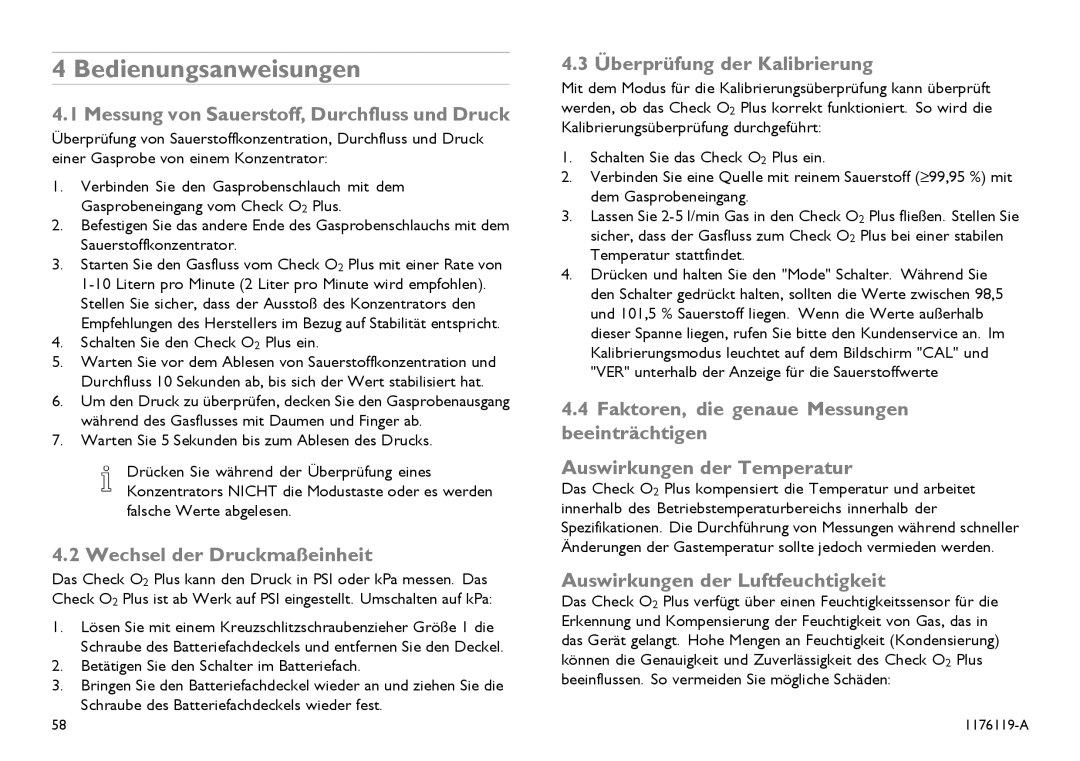 Invacare CE0123 Bedienungsanweisungen, Messung von Sauerstoff, Durchfluss und Druck, Wechsel der Druckmaßeinheit 