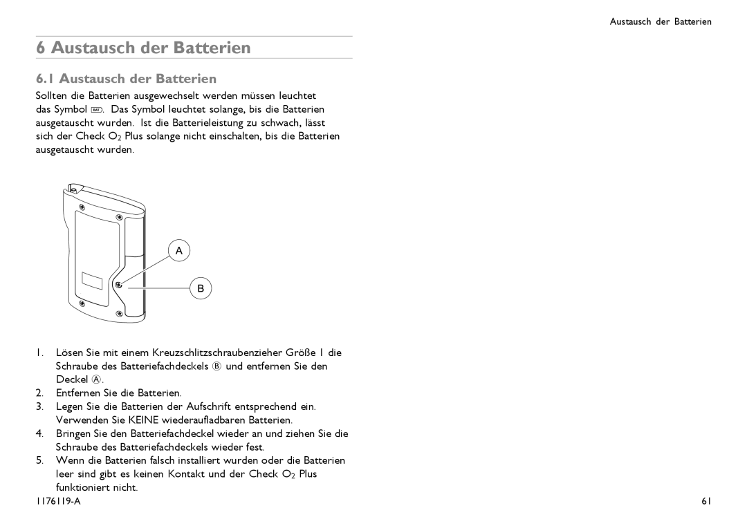 Invacare CE0123 user manual Austausch der Batterien 