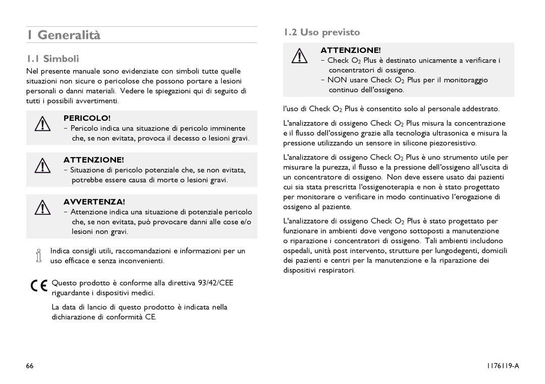 Invacare CE0123 user manual Generalità, Simboli, Pericolo, Attenzione, Avvertenza 