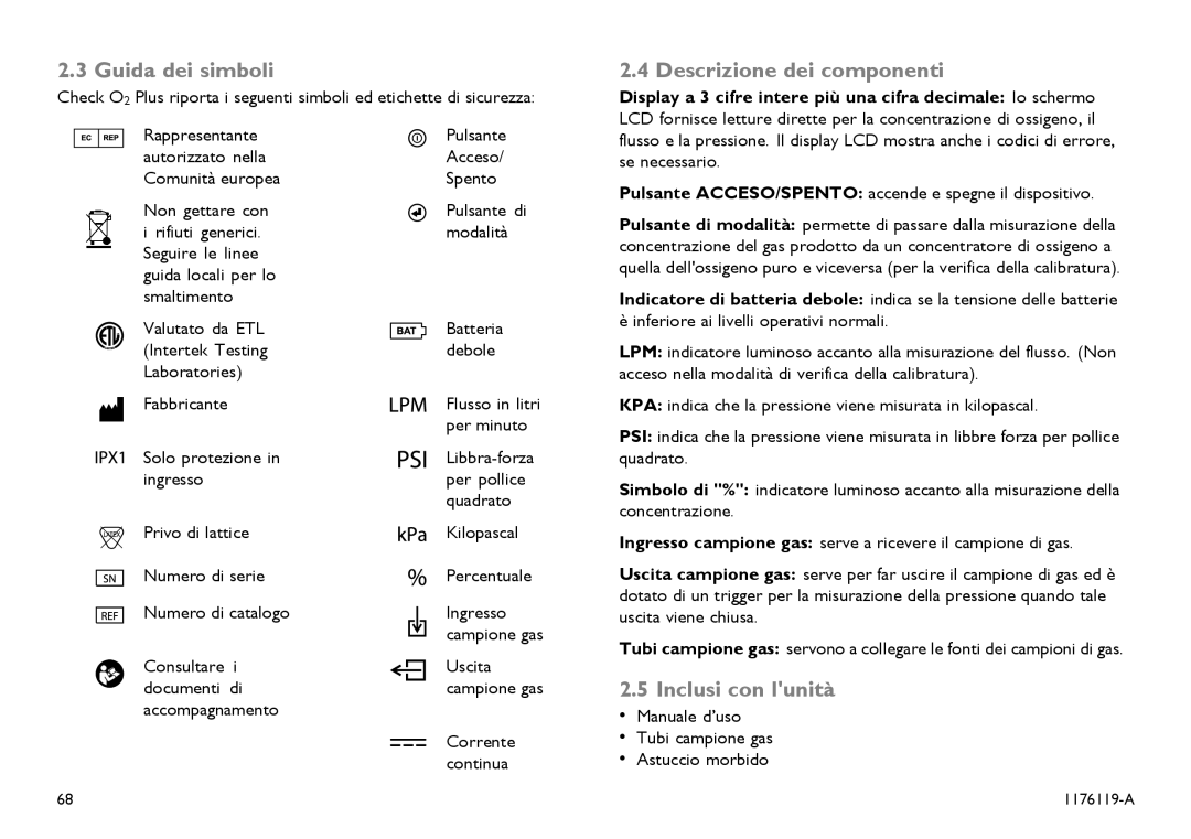 Invacare CE0123 user manual Guida dei simboli, Descrizione dei componenti, Inclusi con lunità 