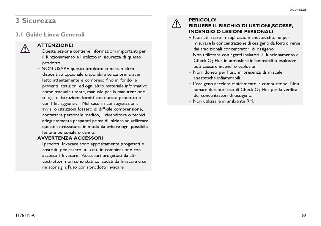 Invacare CE0123 user manual Sicurezza, Guide Linea Generali, Lesione personale o danno, Avvertenza Accessori 