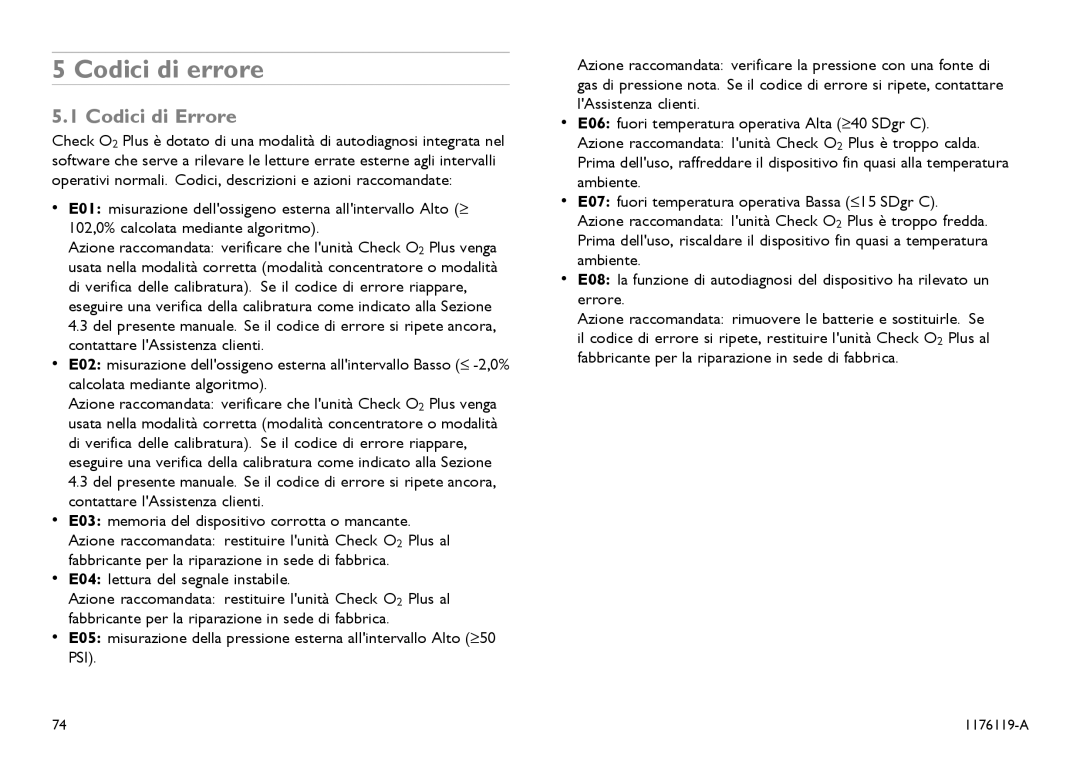 Invacare CE0123 user manual Codici di errore, Codici di Errore, E04 lettura del segnale instabile 