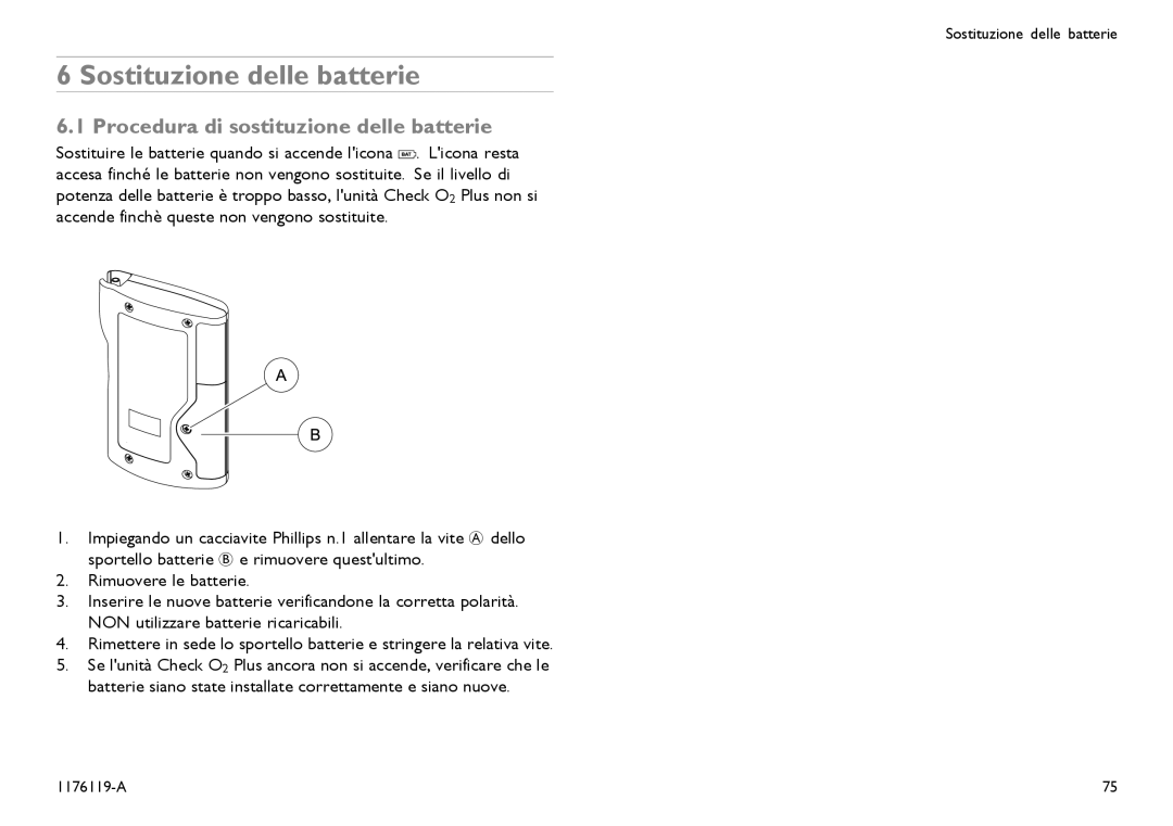 Invacare CE0123 user manual Sostituzione delle batterie, Procedura di sostituzione delle batterie 