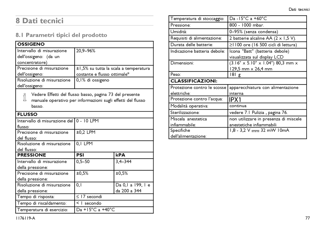 Invacare CE0123 user manual Dati tecnici, Parametri tipici del prodotto 