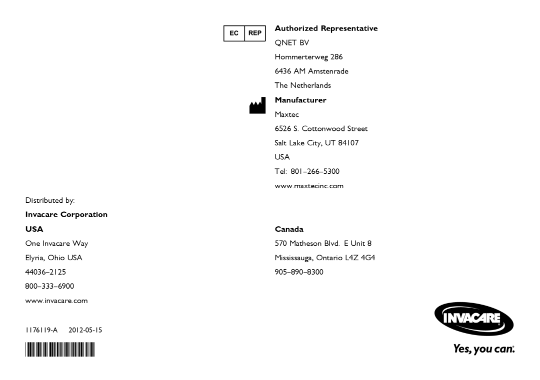 Invacare CE0123 user manual Authorized Representative, Manufacturer, Invacare Corporation, Usa, Canada 