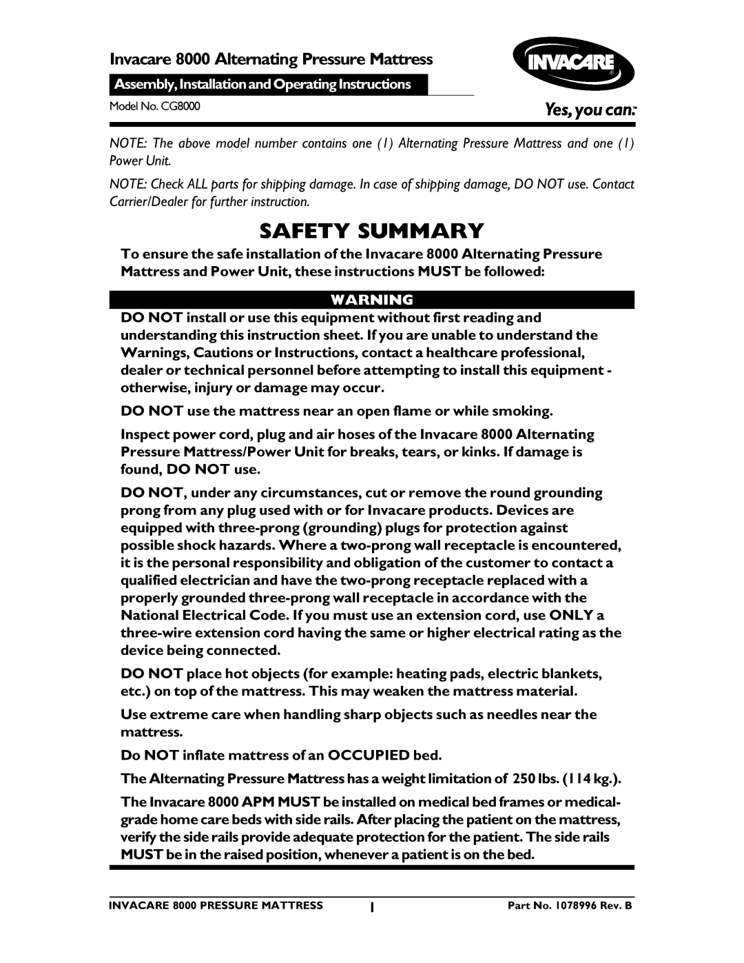 Invacare CG8000 instruction sheet Safety Summary 