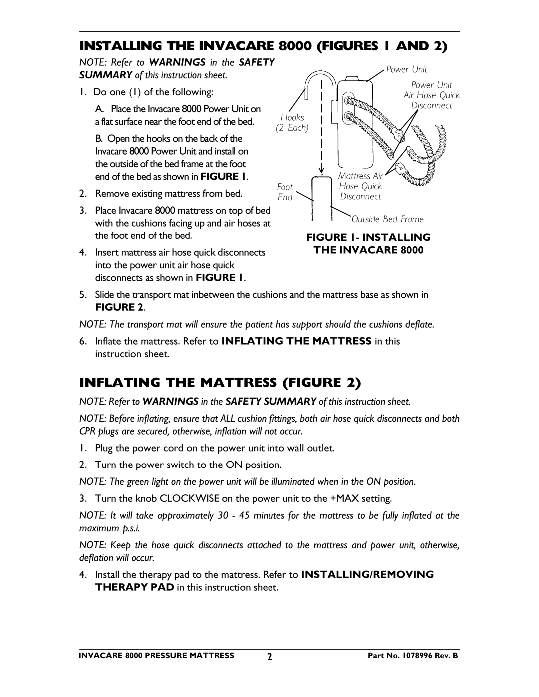 Invacare CG8000 instruction sheet Installing the Invacare 8000 Figures 1, Inflating the Mattress Figure 