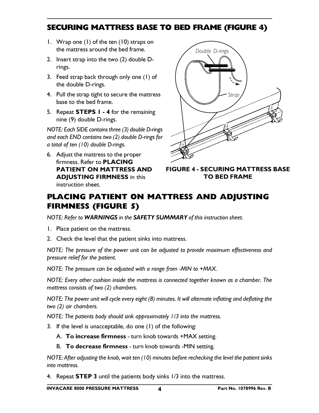 Invacare CG8000 Securing Mattress Base to BED Frame Figure, Placing Patient on Mattress and Adjusting Firmness Figure 