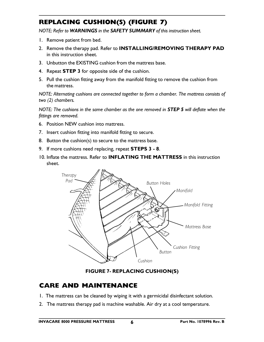 Invacare CG8000 instruction sheet Replacing Cushions Figure, Care and Maintenance 