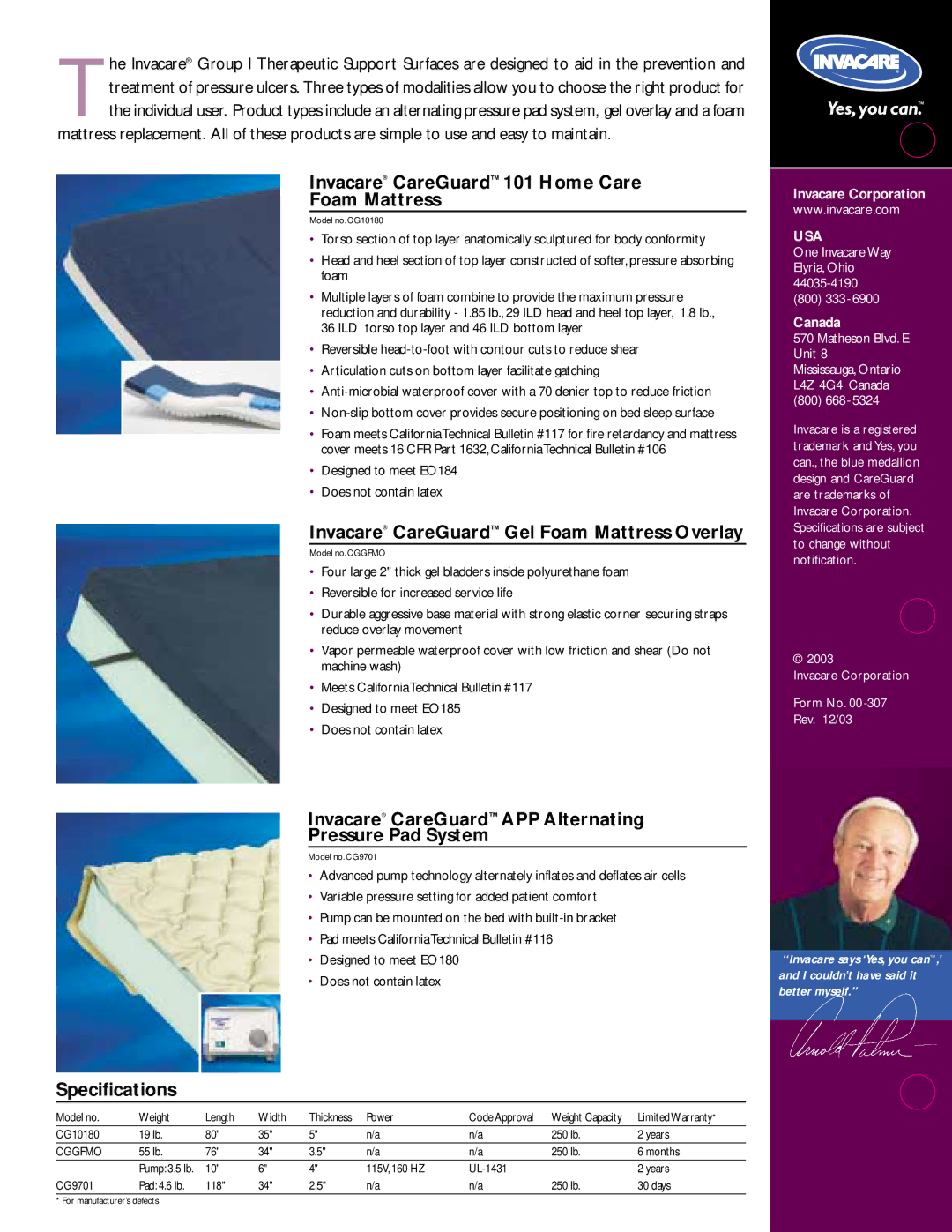 Invacare CG9701, CGGFMO Invacare CareGuard 101 Home Care Foam Mattress, Invacare CareGuard Gel Foam Mattress Overlay, Usa 