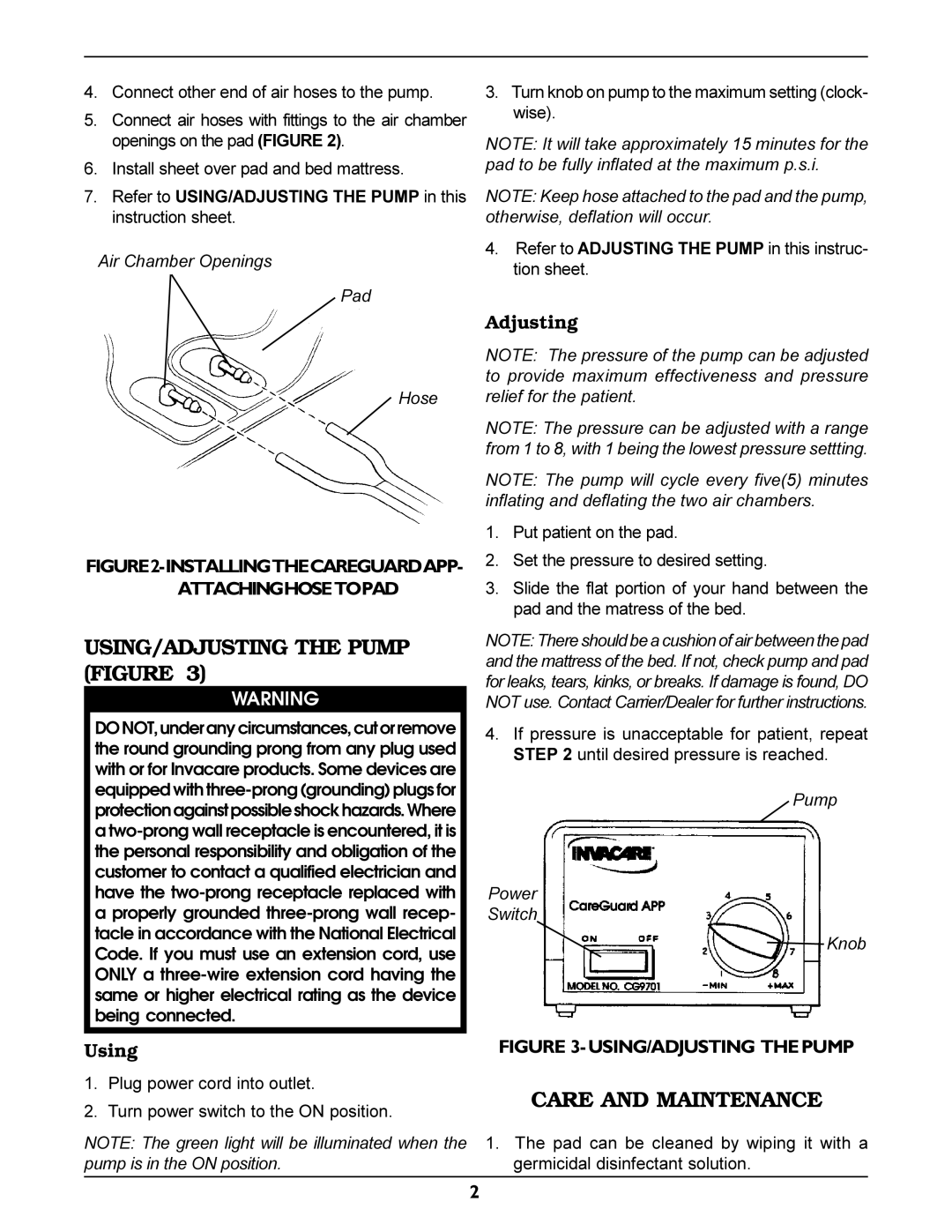 Invacare CG9701 instruction sheet USING/ADJUSTING the Pump Figure, Care and Maintenance 