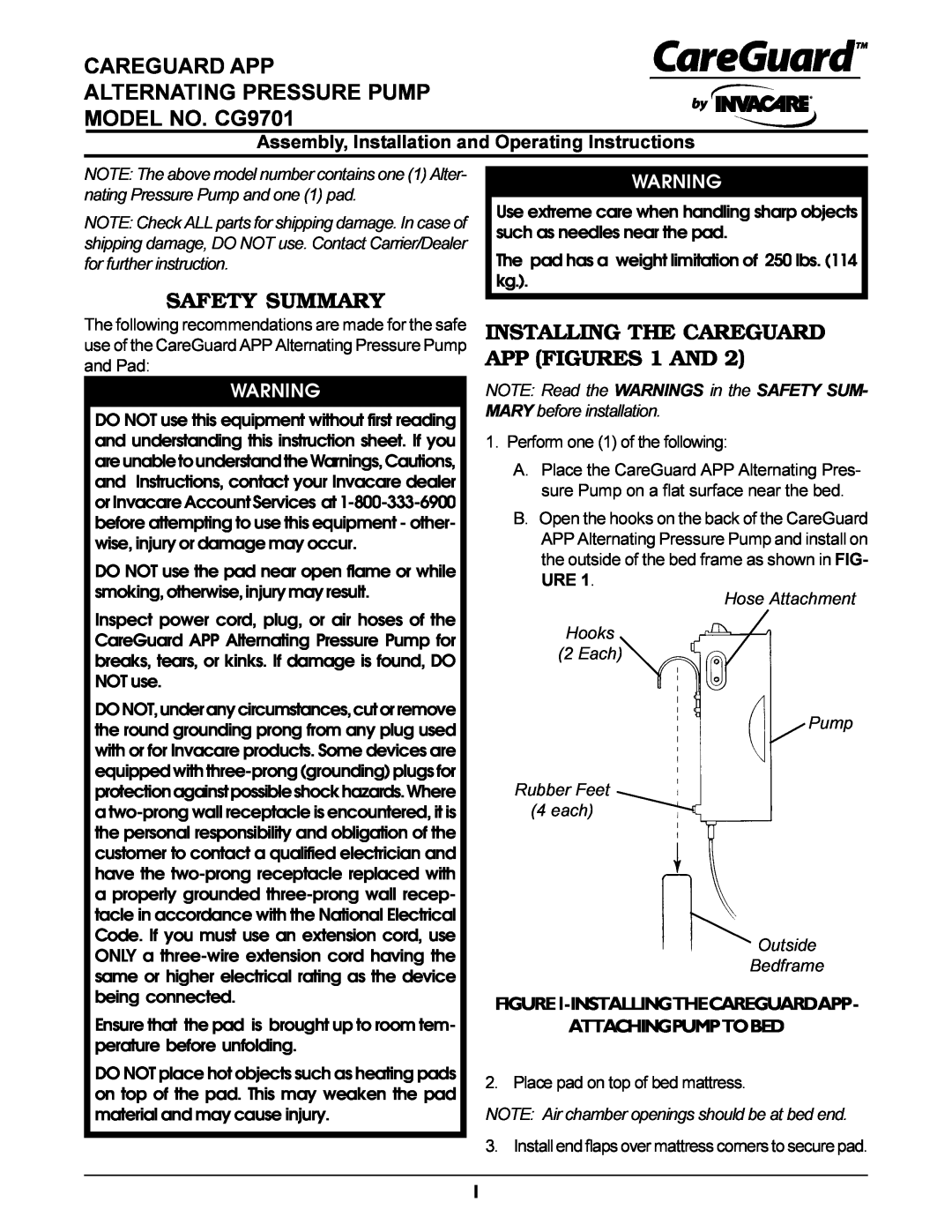 Invacare CG9701 instruction sheet Safety Summary, INSTALLING THE CAREGUARD APP FIGURES 1 AND 