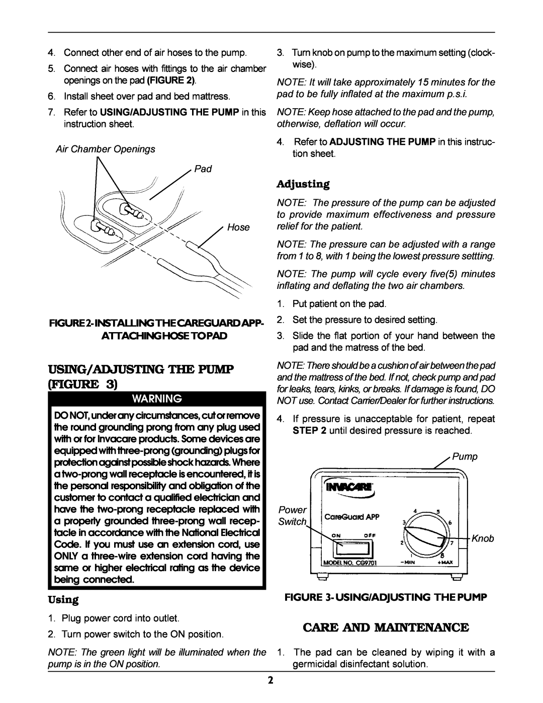 Invacare CG9701 instruction sheet Using/Adjusting The Pump Figure, Care And Maintenance, Using/Adjusting Thepump 